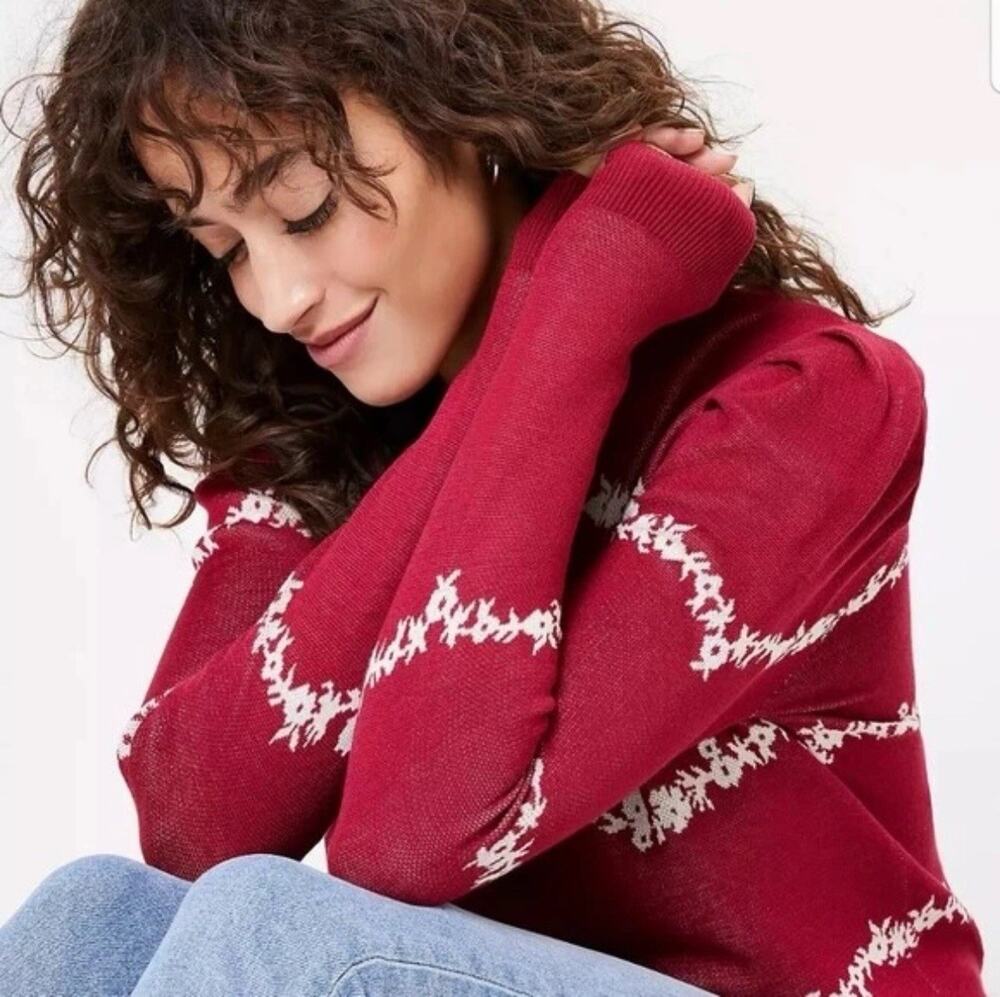 NEW Loft Sweater Women Sz L Floral Knit Puff Sleeve Scallop Neck Cottagecore